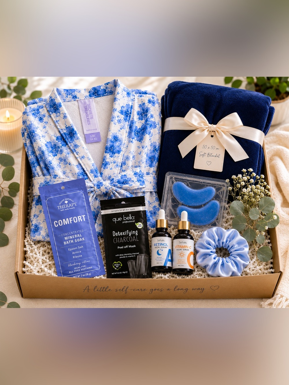 Secret Treasures Blue Floral Robe with Navy Blanket & Spa Essentials